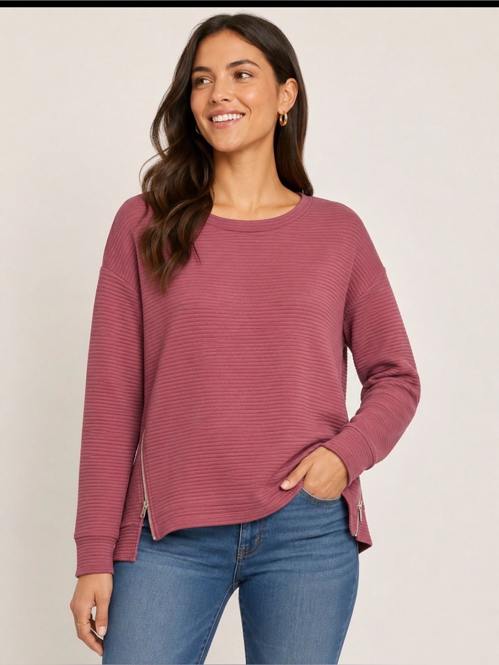 Daisy Fuentes Ribbed Mauve Crew Sweatshirt with Side Zips